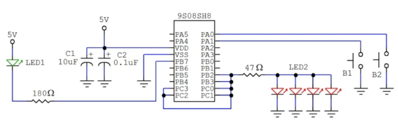 NXP 的 9S08SH8 微控制器的 GPIO 应用。没有外部振荡器